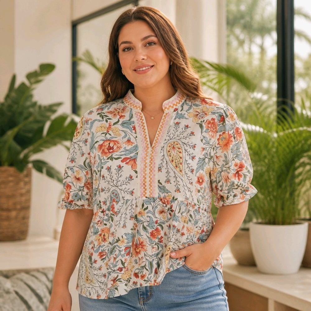 New Floral Paisley Embroidered Tunic Top Cream Short Sleeve Peplum Blouse Womens